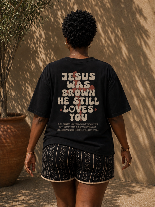 Jesus Was Brown black t-shirt - hero shot